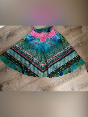 Floral Chevron Midi Skirt in Teal and Pink